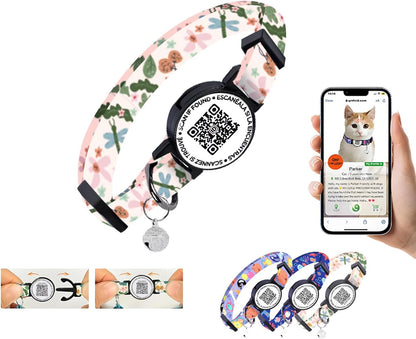 Nylon Breakaway Cat Collar QR Code with Air Tag Holder - Reusable Adjustable Pet ID Tag with Bell for Easy Tracking & Identification Hypoallergenic Cotton Safety Collar (Off-White)