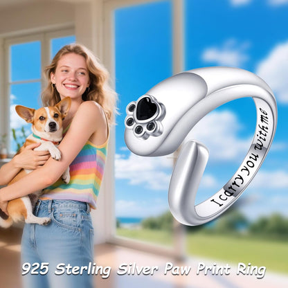 Paw Print Urn Ring for Ashes Sterling Silver Pets Dog Cat Ring Keepsake Memorial Cremation Jewelry Gifts for Women