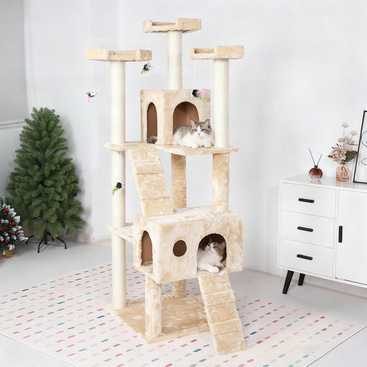 Cat Tree Tower 61-in Large Plush Multi-Level Cat Condo with Sisal-Covered Scratching Posts 2 Climbing Ladder and 3 Plush Toy Saving Pet Play House for Indoor Cats Beige