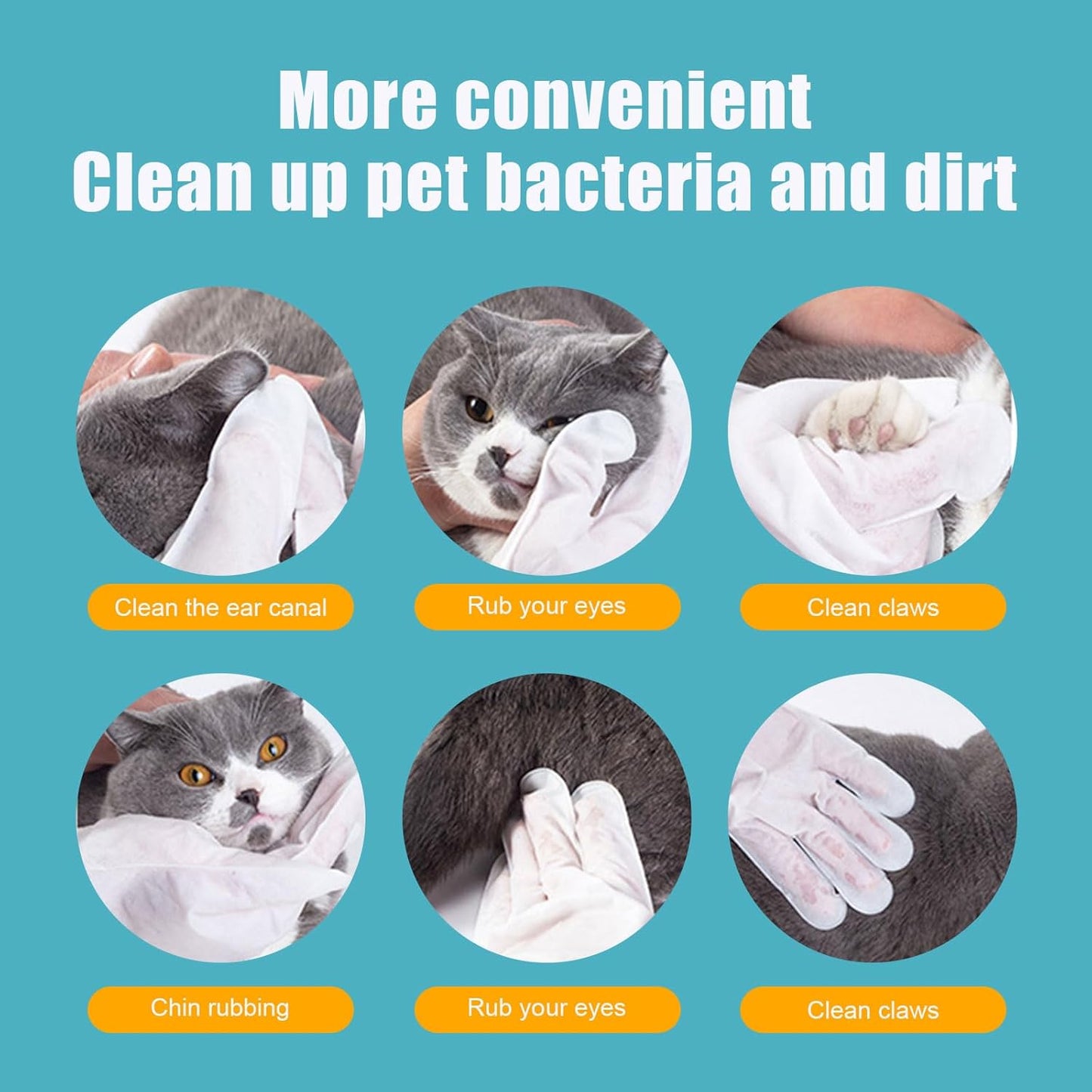 Pet Wash Free Grooming Gloves, 6Pcs Cleaning Cat Dog Wipes for Face, Ear, Eye, Paws Pet Body Rinse Free Gloves, No Rinse Thick Extra Puppy Wipes, Disposable Plant-Based Dog Bath Wipes