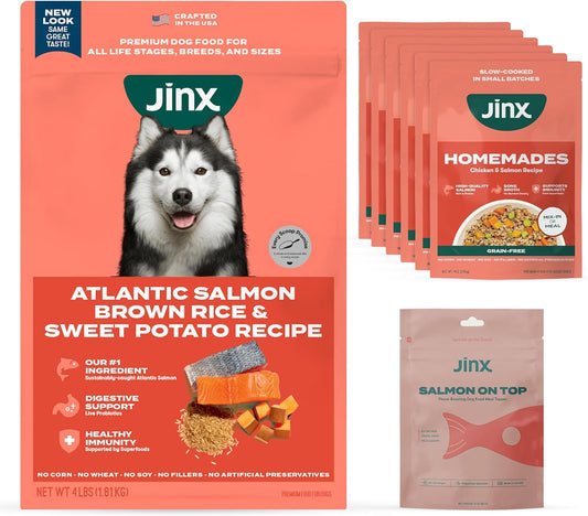 Jinx Dog Food Bundle - 4lb Salmon Dry Dog Food, 6-Pack Homemades Salmon Wet Topper & 3oz Freeze-Dried Meal Topper