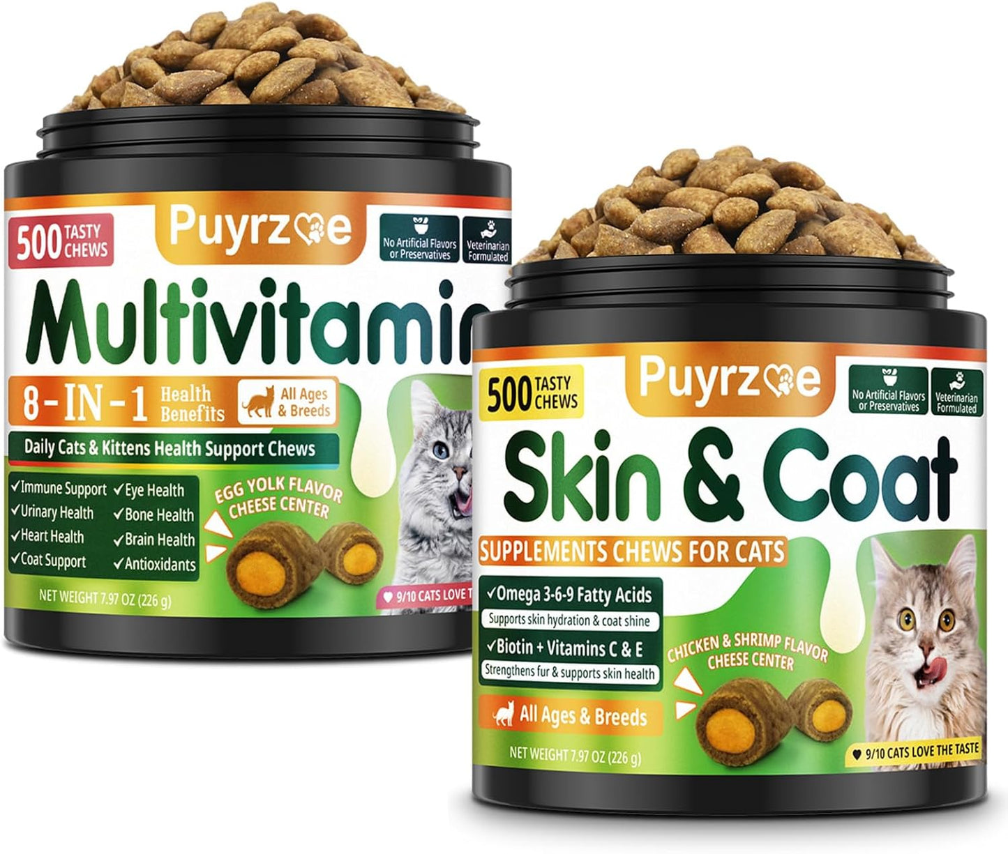 Cat Skin & Coat + Multivitamin - 500 Chews Crunchy & Creamy Cheese Core with Omega-3, Vitamins C & E, Biotin for Healthy Coat - Immune,Eye, Brain, and Bone Support for All Cats