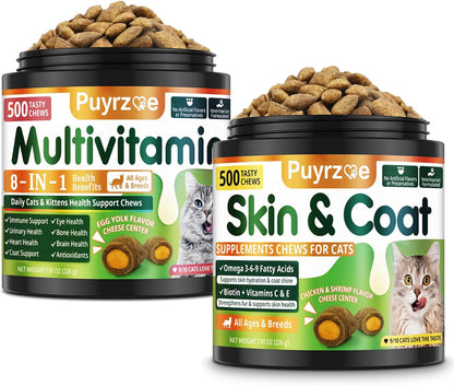 Cat Skin & Coat + Multivitamin - 500 Chews Crunchy & Creamy Cheese Core with Omega-3, Vitamins C & E, Biotin for Healthy Coat - Immune,Eye, Brain, and Bone Support for All Cats
