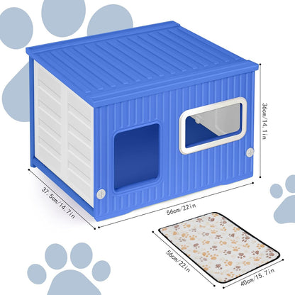 Cat House for Outdoor Indoor Use, Stackable Feral Cat Shelter Indoor Cat House Weatherproof Waterproof Elevated, with 2-Sided Cushion (Blue White)