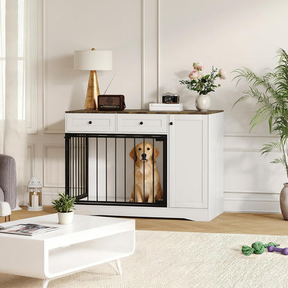 Wooden Dog Crate Furniture with Double Doors, 2 Drawers, and Storage Cabinet, Indoor Pet House and Modern Farmhouse Side End Table for Small to Medium Dogs, White