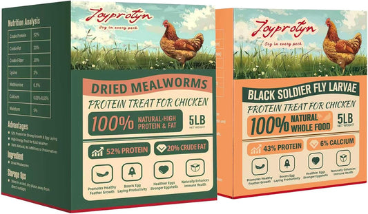 10LB Dried Insect Treats Bundle – 5LB Black Soldier Fly Larvae + 5LB Mealworms – High-Protein, Calcium-Rich Feed for Chickens, Ducks & Wild Birds – All-Natural, Non-GMO