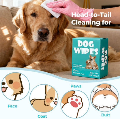 Dog Wipes, Pet Grooming Cleaning Wipes for Dogs, 7x7 Inch, 40 Count Individual Packs, Hypoallergenic Unscented for Face, Paws, Body