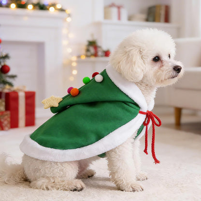 1Pc Cat Christmas Cape with Star and Pompoms Hat Festive Pets Christmas Costume Green Soft Cloak for Small Breed Dogs Holiday Party Outfit Pet Attire M Size