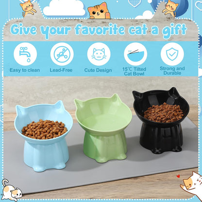 3 Pcs Elevated Cat Bowls 15°Raised Cat Food Bowl with Silicone Mat Whisker Friendly Anti Vomiting Cats Dishes Pet Food and Water Bowls for Indoor Cats Kittens Classic Blue, Black, Green Colors