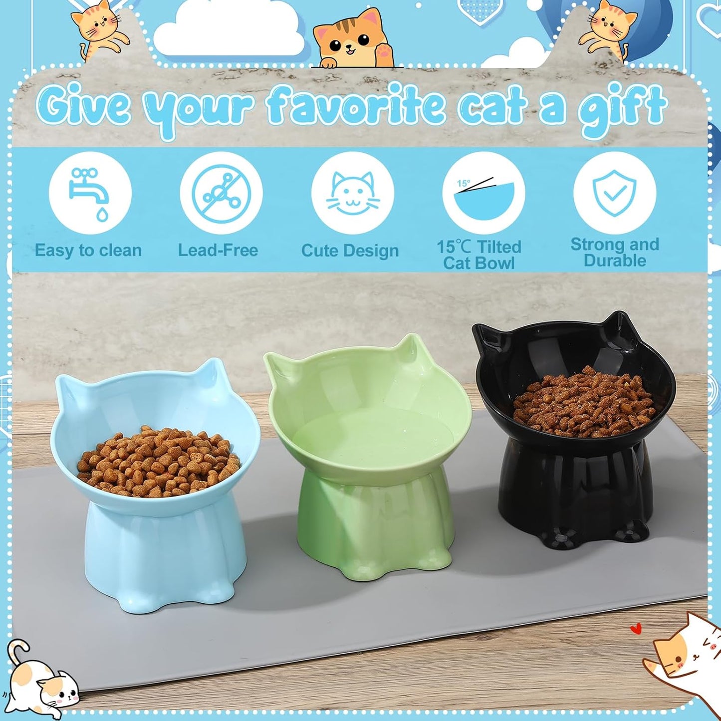 3 Pcs Elevated Cat Bowls 15°Raised Cat Food Bowl with Silicone Mat Whisker Friendly Anti Vomiting Cats Dishes Pet Food and Water Bowls for Indoor Cats Kittens Classic Blue, Black, Green Colors