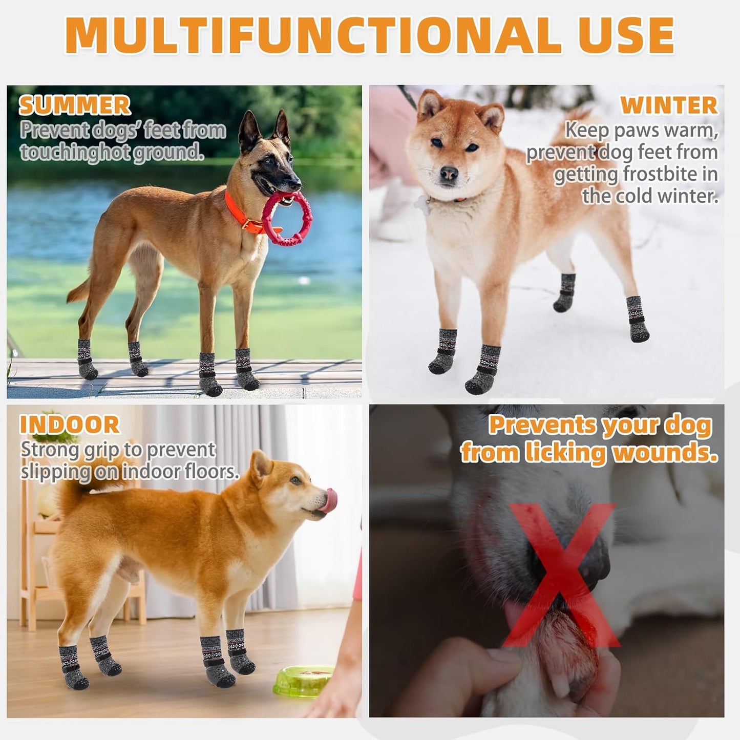 KOOLTAIL Dog Socks to Prevent Licking Paws for Hardwood Floors Anti Slip, Winter Warm Pet Boots&Paw Protector with Grippers, Double Sides Puppy Shoes Booties for Small Medium Large Senior Dogs