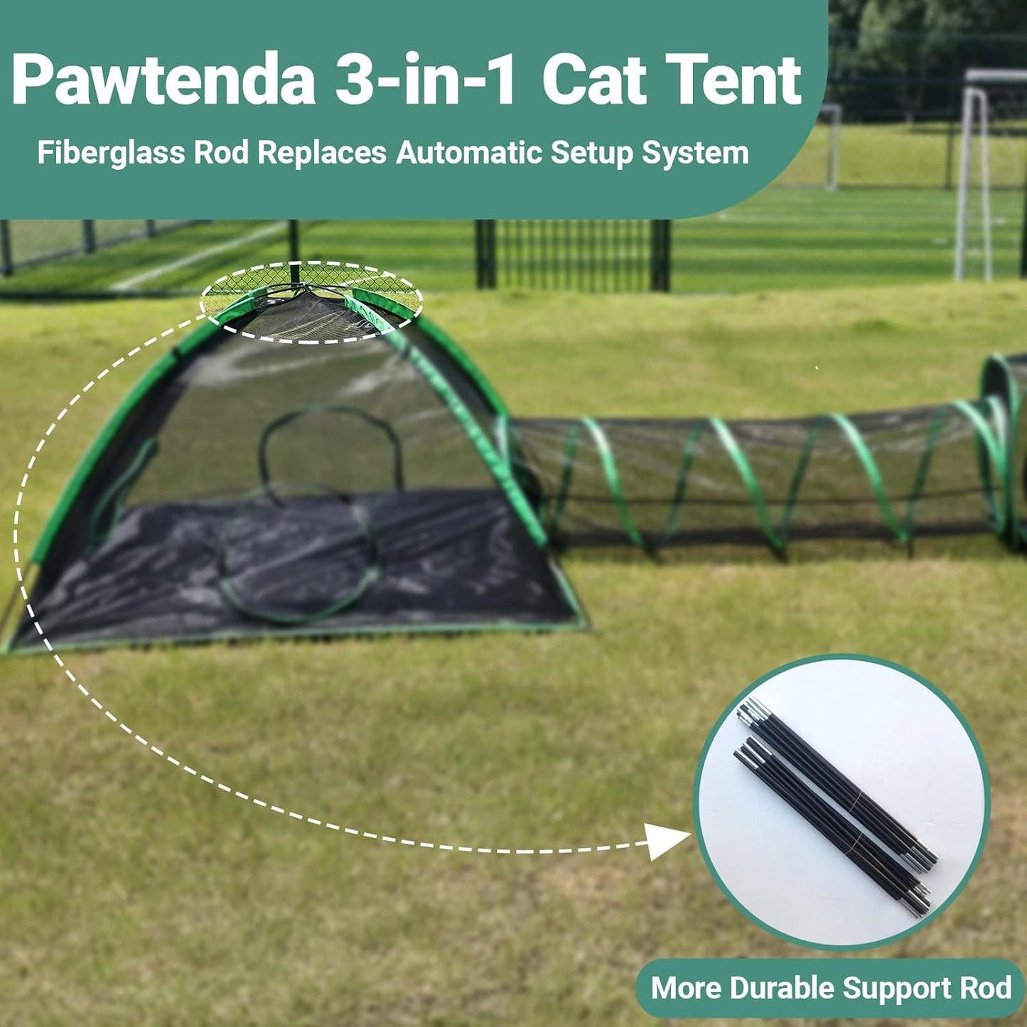 3-in-1 Outdoor Cat Enclosure, Portable Catio for Outside, Outdoor Cat Tent with 2 Tents and 1 Straight Tunnel, Green Enclosed Playpen for Kitty and Other Small Animals, Support Expansion