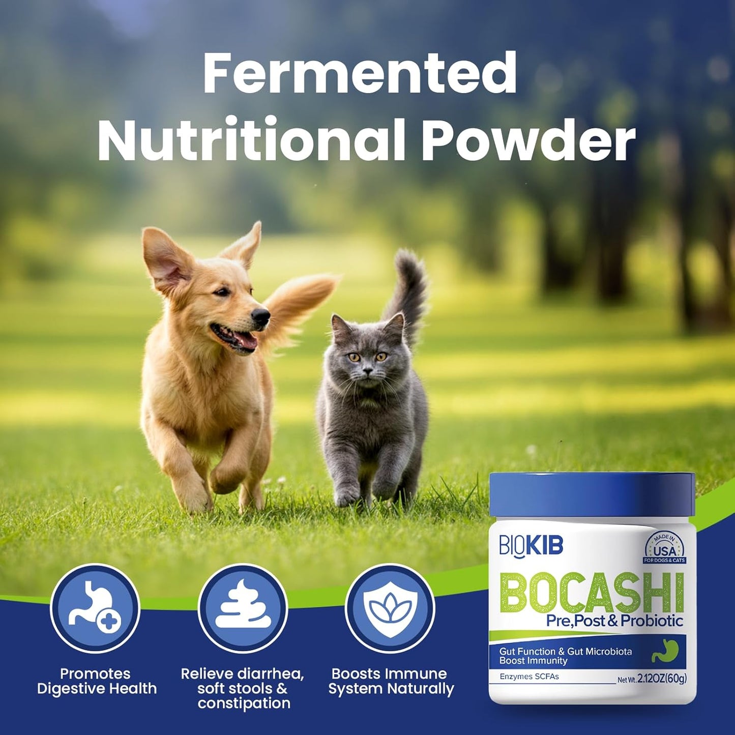 BOCASHI Probiotics for Dogs & Cats, Pet Fermented Nutritional Powder - Food Topper for Digestive Health, Gut Support, Diarrhea & Constipation, Immune Booster - Natural, Made in USA - 240 Scoops