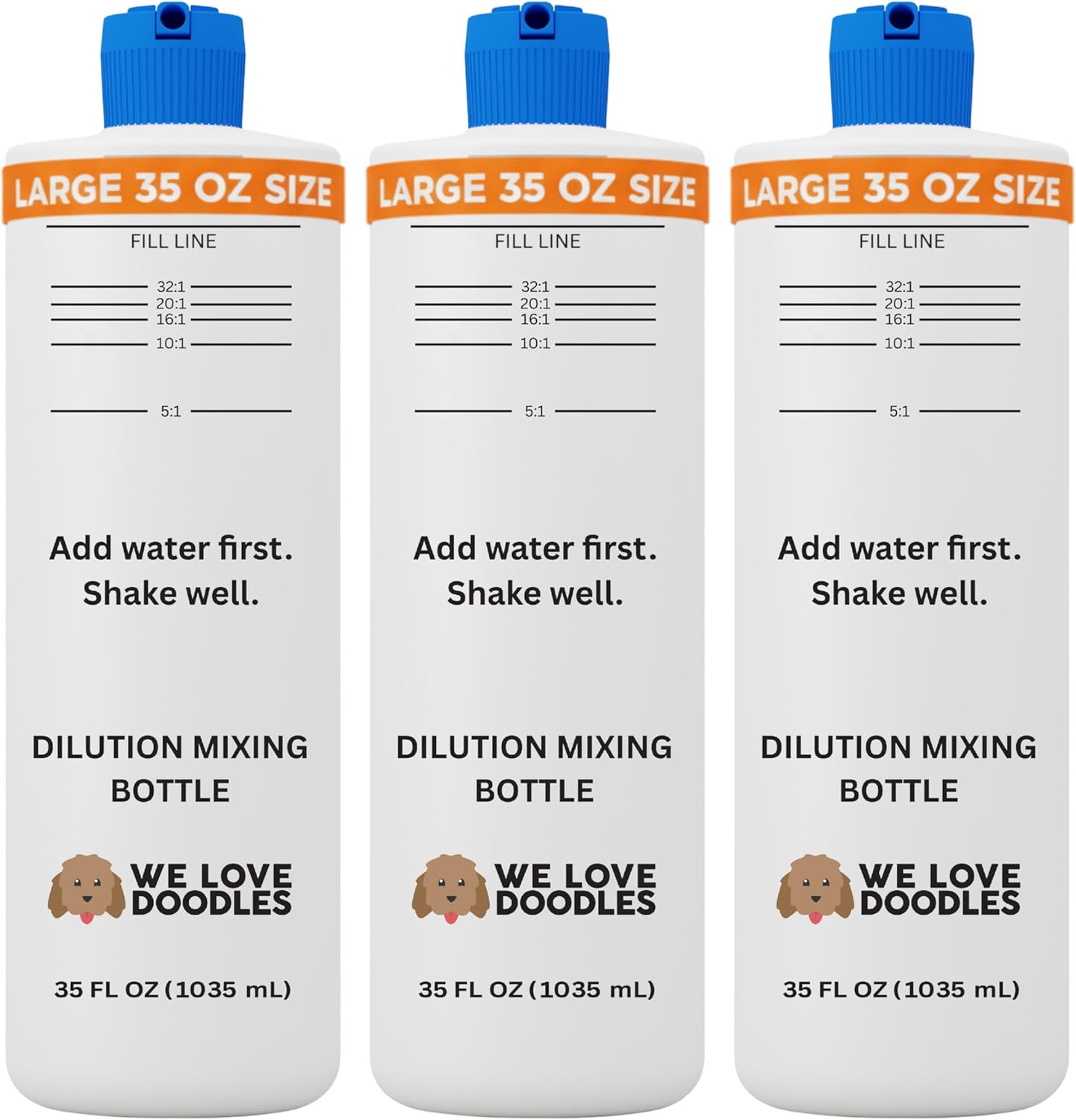 Dilution Bottle for Dog Shampoo, Mixing Bottle for Professional and Home Grooming, for Shampoo, Conditioner, and Solutions, 35 oz, 3 Pack [We Love Doodles]