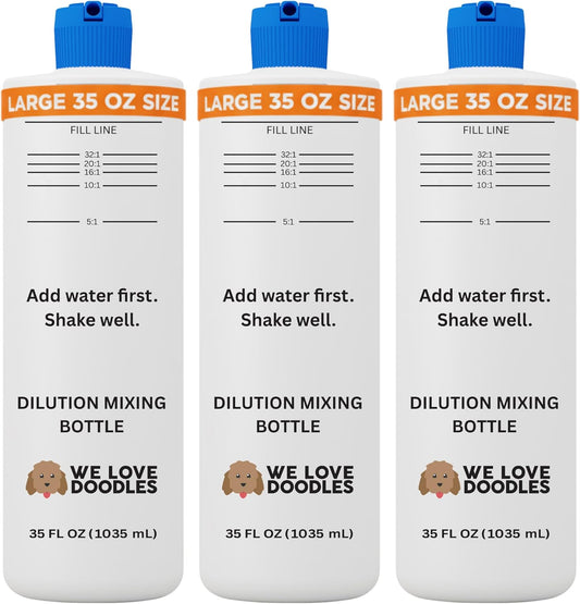 Dilution Bottle for Dog Shampoo, Mixing Bottle for Professional and Home Grooming, for Shampoo, Conditioner, and Solutions, 35 oz, 3 Pack [We Love Doodles]