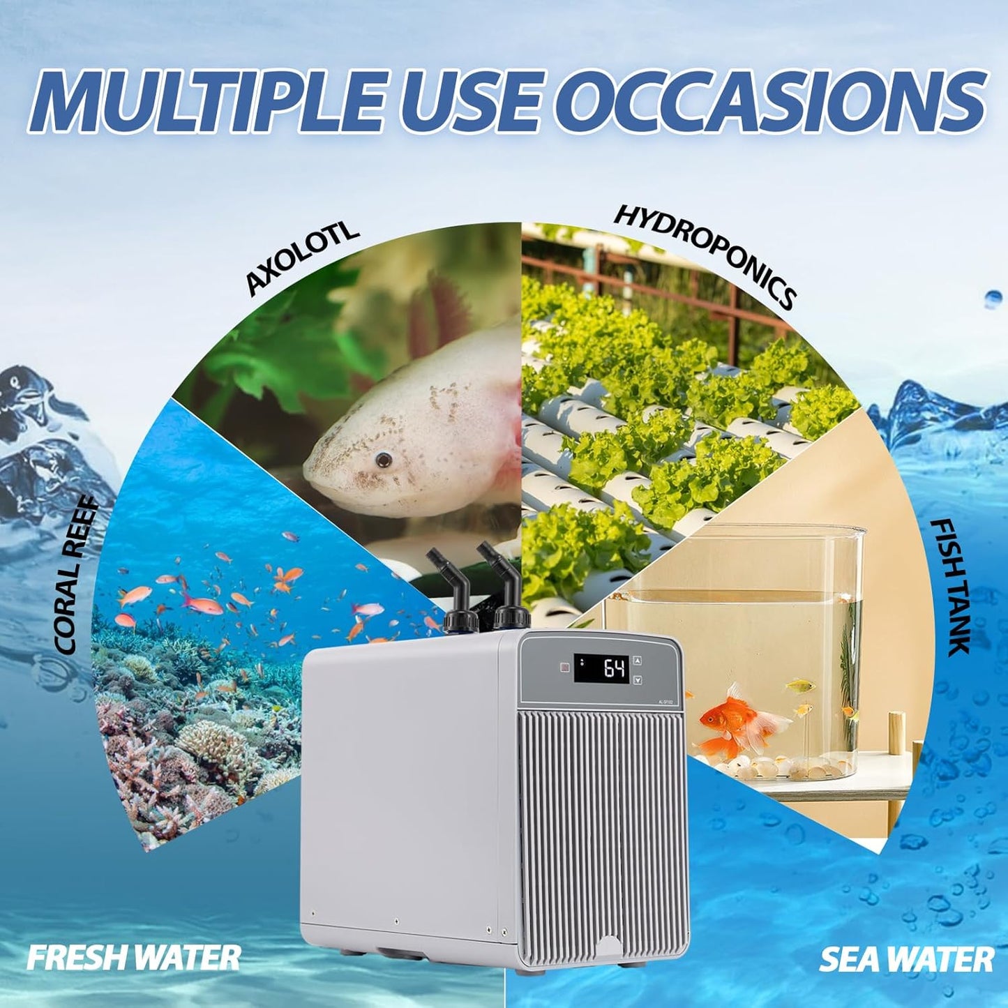 Poafamx Aquarium Chiller 42Gal Water Chiller for Fish Tank 1/10 HP Water Cooler Refrigeration Compressor for Axolotl Hydroponics System Saltwater Freshwater Coral Jellyfish with Pump and Pipe 110V