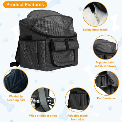 Dog Bike Basket Carrier, Foldable Soft-Sided Pet Carrier Backpack with Mesh Windows, Pet Travel Bag,Dog Backpack Carrier Safe and Easy for Small Medium Cats and Dogs (Grey)