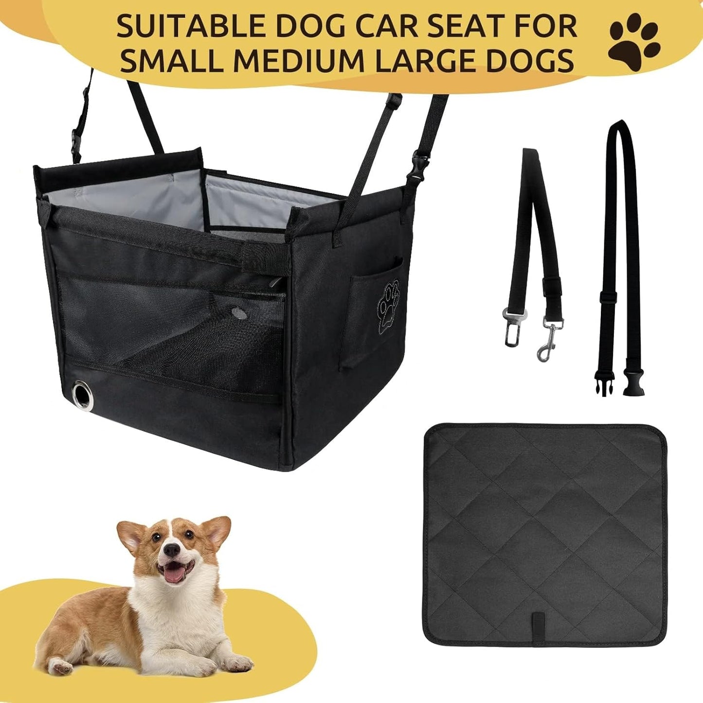 Black Portable Dogs Car Seat for Travel Dogs, Safety Leash, Adjustable Straps, Medium Dog Car Seat, Dog Travel Bed Washable Foldable, with Storage Pockets