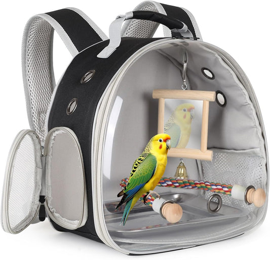 Bird Travel Carrier Bubble Window Backpack with Mirror Parrot Standing Toy,Portable Parrot Cage Backpack with Stand Perch, Pet Travel Bag for Cockatiels,Parrots,Love Bird,Small Birds