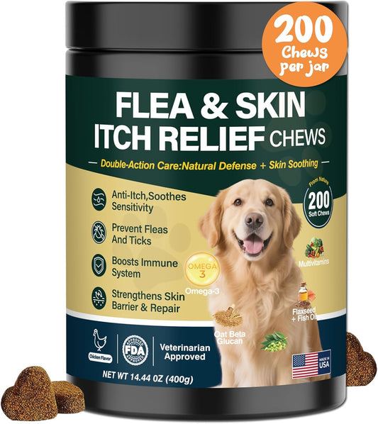 Dog Flea and Tick Prevention Allergy Chews Omega 3 for Dogs Treatment Chewable Natural Flea and Tick Skin and Coat Supplement Immune Dog Chews Yeast Relief Prevention for Dogs Itching and Licking