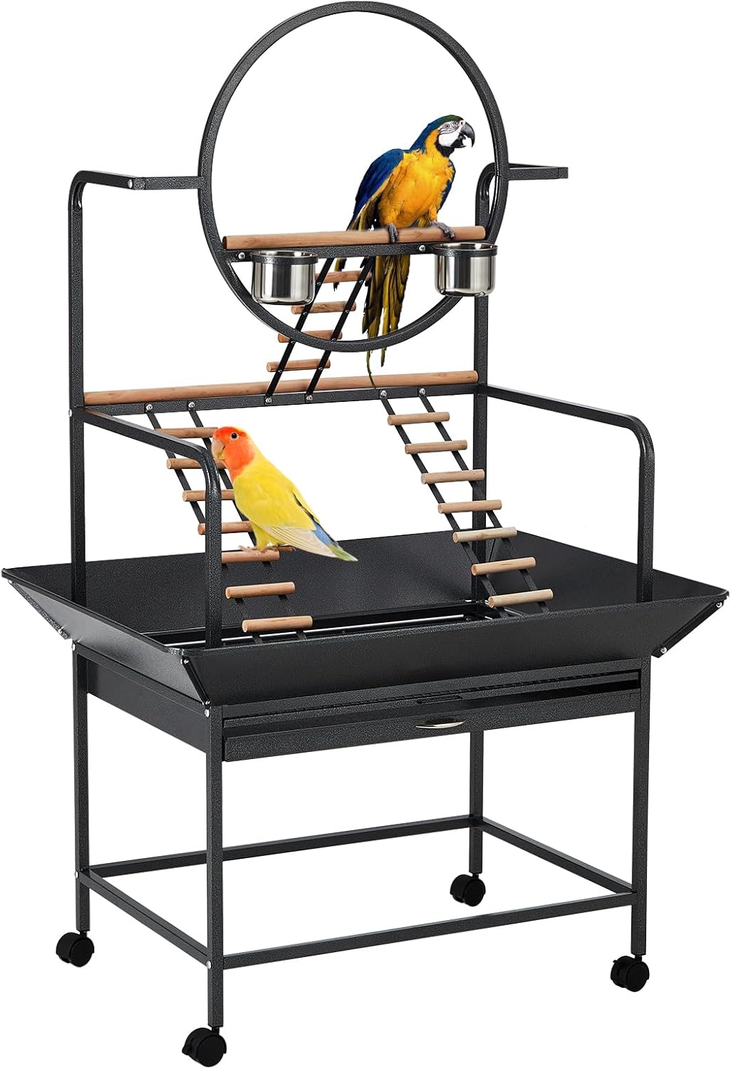 Bird Playstand, 66 in H Inch Birdcage Stand Activity Play Center with Perches and Ladders, Removable Tray, Indoor Outdoor Playground for Parakeet, Cockatiels Conures Parrots, Lockable Caster, Black