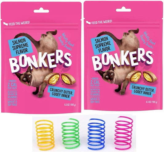 Bonkers Cat Bites, Crunchy & Soft Salmon Supreme Flavor Treats, Low Calorie, Training or Food Topper 3 oz -2 Pack Plus 4 Cat Spring Toys