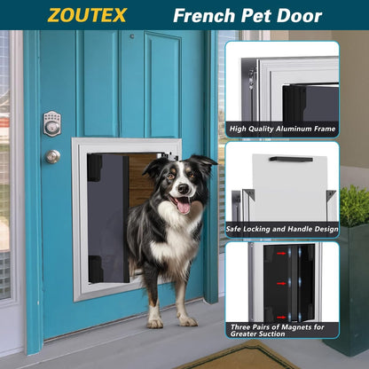 Dog Doors for Large Dogs, Energy Efficient French Dog Door with Aluminum Frame, Telescoping Tunnel, Magnetic Flaps and Sliding Lock Panel - XLarge