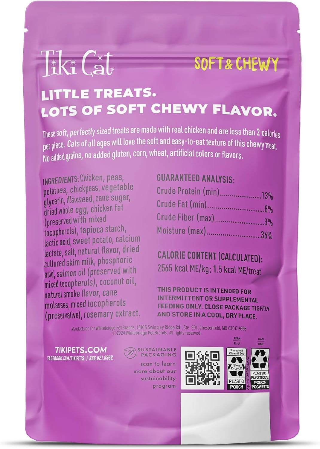 Tiki Cat Soft & Chewy Treats, Chicken Flavor, 3 Calories Per Treat with Grain-Free and No Added Gluten, 6 oz Pouch (Pack of 1)