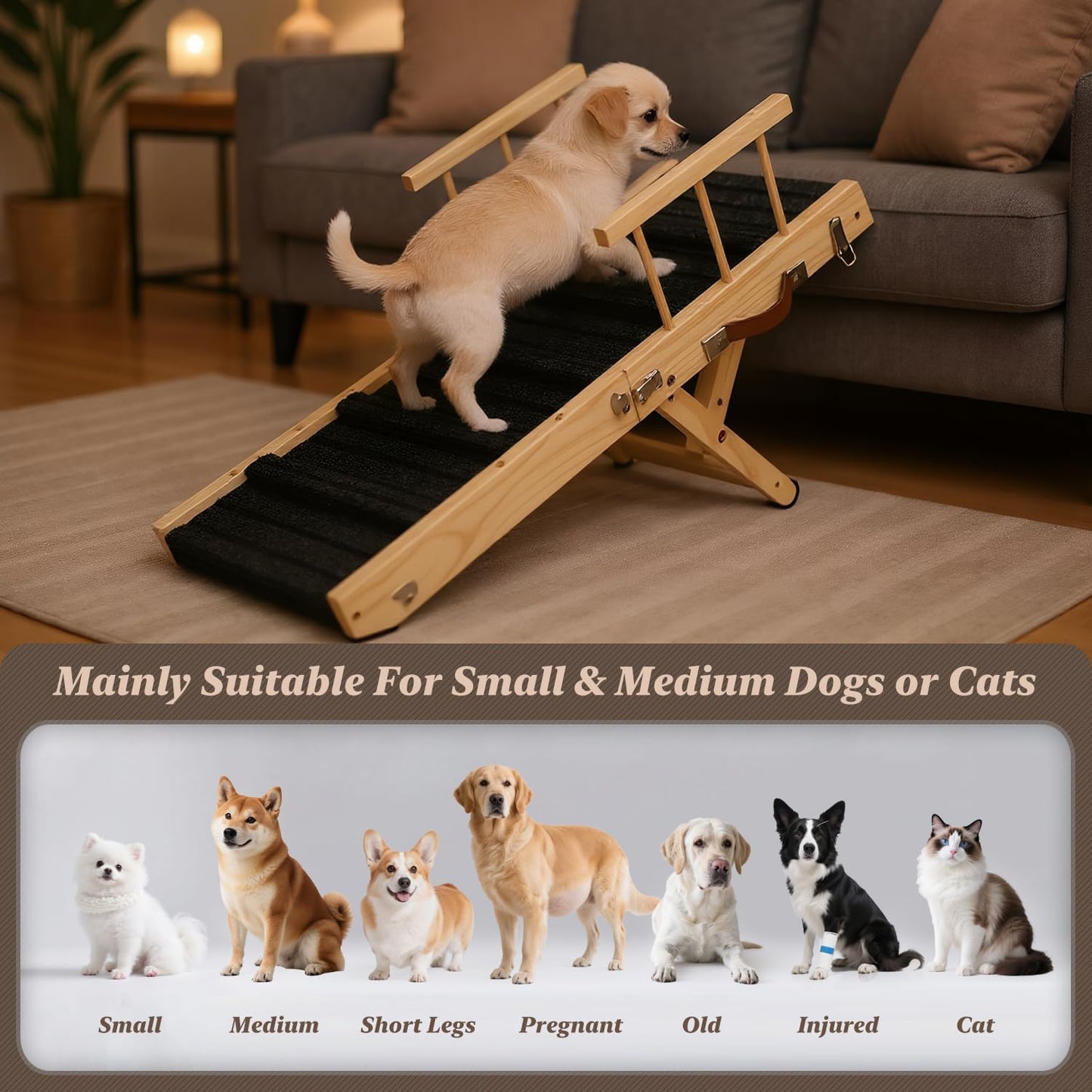 2025 Small Dog Ramp for Small Dogs Cat with Removable Safety Side Rails,Adjustable Height from 9'' to 18.5",Foldable Dog Ramp for Low Bed Sofa,Wooden Pet Ramps for Bed Couch
