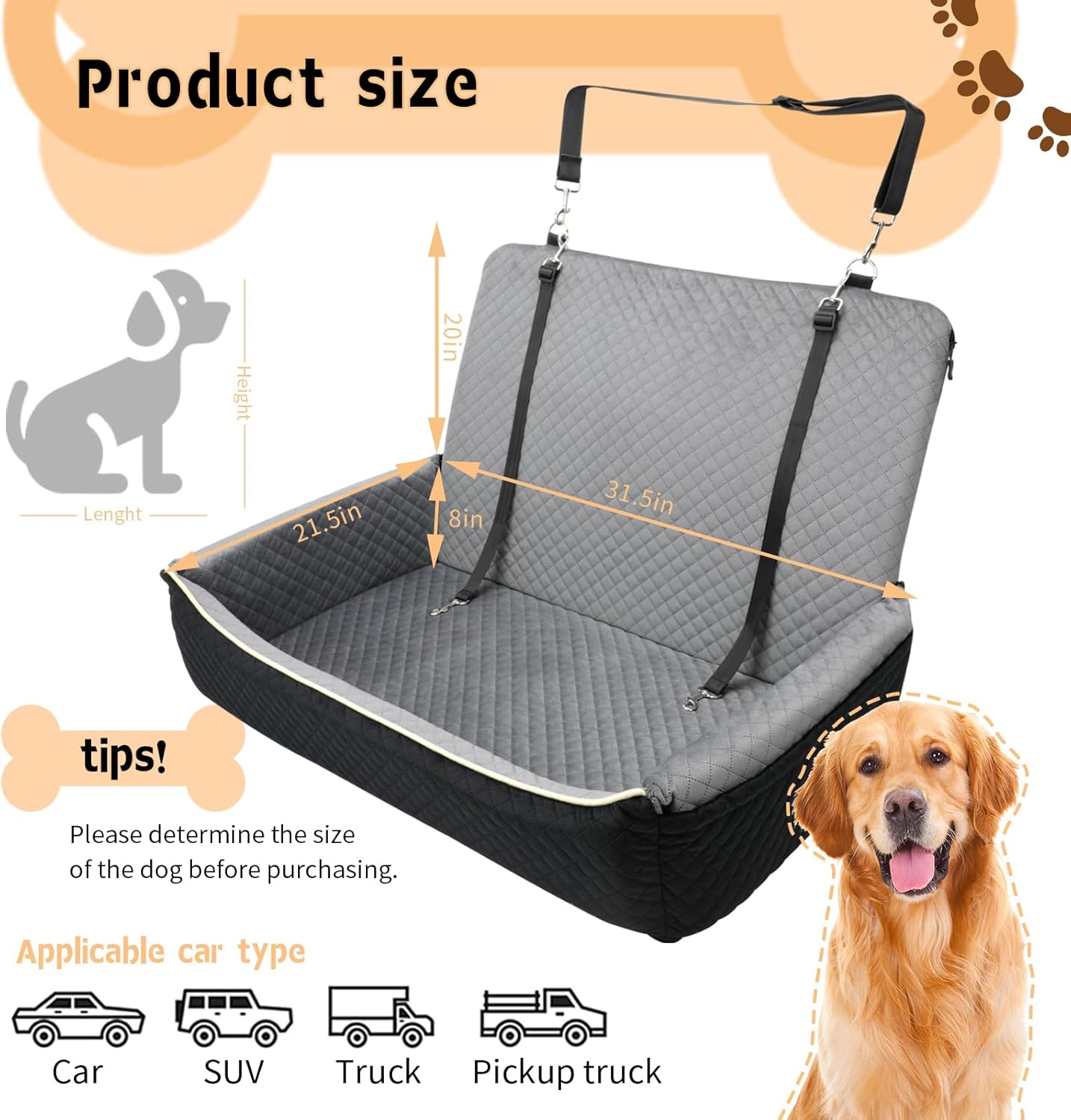 Large Dog Car Seat Under 60 lbs or 2 Small Dogs Dog Bed for Car Back Seat with Seat Belt Fixation The Seat Fabric Soft and Comfortable Removable and Washable.(Black Brown)