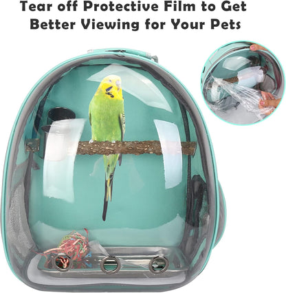 Bird Backpack Carrier with Perch, Portable Bird Travel Cage Bag, Clear Parrot Carrier Cockatiel Cage with Toy Stainless Steel Food Bowl Tray for Conures Parakeet Budgie Canary Lovebirds Small Animals
