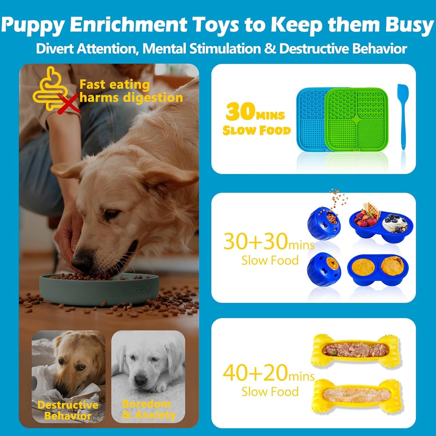 6 Value Pack Enrichment Toys for Dogs Lick Mat, Frozen Bone Power Chew & Frozen Dog Puzzle Toy, Treat Dispensing Slow Feeder Dog Enrichment Toys to Keep Them Busy for Stimulating & Cognitive Toys
