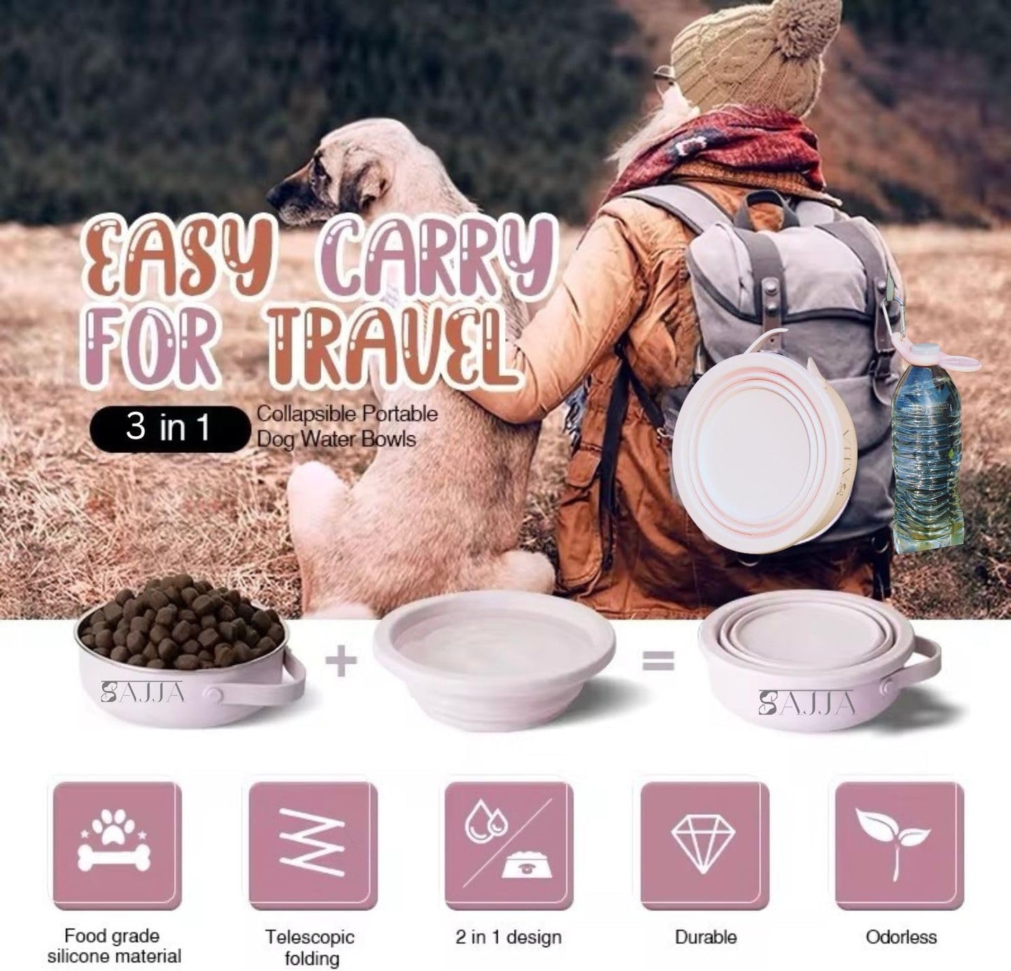 Black Slow Feeder 3-in-1 Travel Dog Bowl Set – 30 OZ Stainless Steel + 20 OZ Collapsible BPA-Free Silicone Bowl Lid | Silicon Slow Feeder Insert | Non-Slip, Anti-Choking|, Carabiner | We give Back