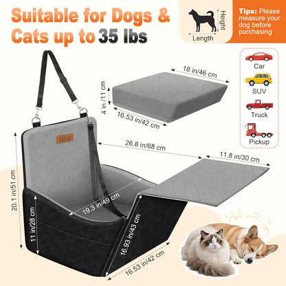 Elevated Dog Car Seat, Dog Booster Car Seats for Small & Medium Breeds Up to 35lbs, Fully Detachable and Washable, Memory Foam Pet Carseat with 2 Storage Pockets & 3 Safety Belts, Black & Gray