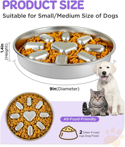 Slow Feeder Dog Bowls with Non-Slip Mat, Stainless Steel Metal Slow Feeder for Small & Medium Dogs, 2 Cups Pet Bowl for Fast Eaters, Slows Down Eating, Dishwasher Safe, Anti-Gulping Dog Bowl