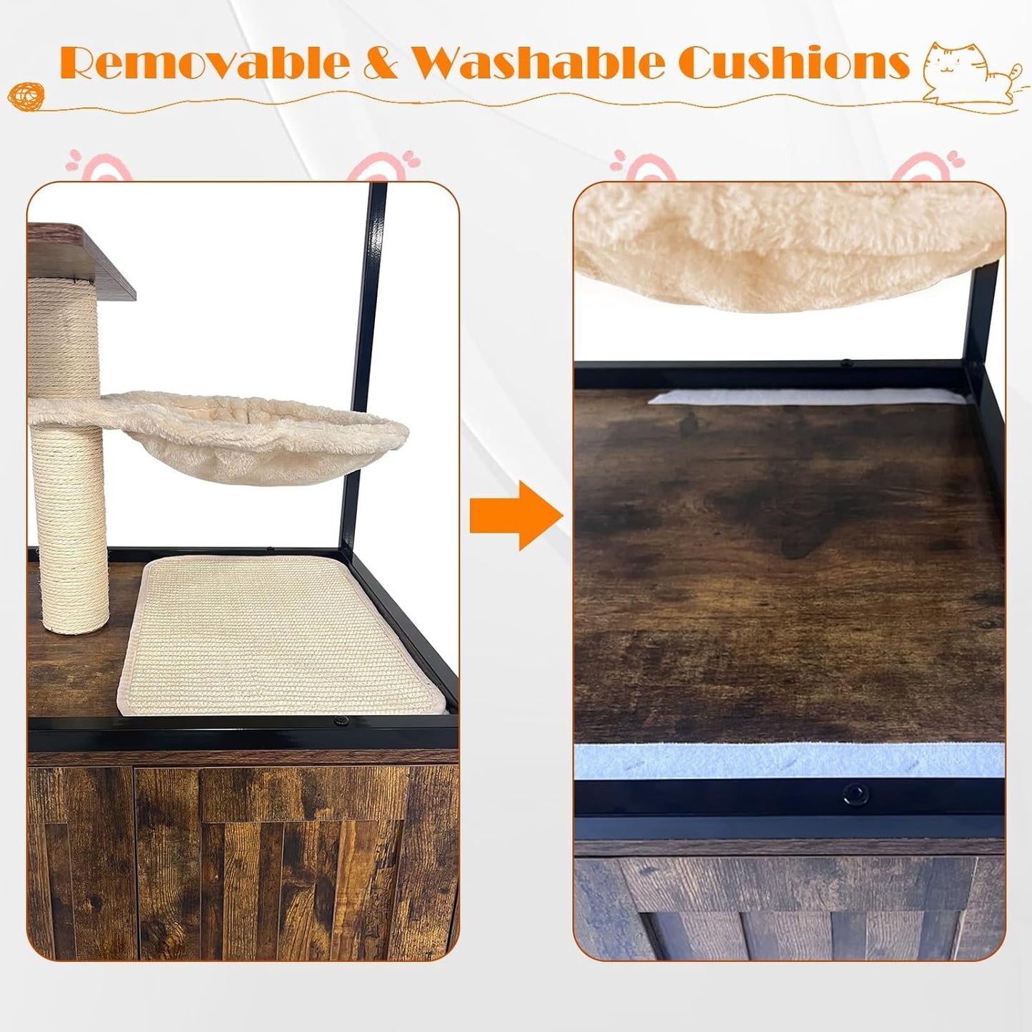 Cat Tower with Litter Box Enclosure, Wooden Hidden Litter Box Cat Tree Cabinet on Wheels with Condo, Hammock and Scratching Post, Dog Proof Cats Washroom Furniture