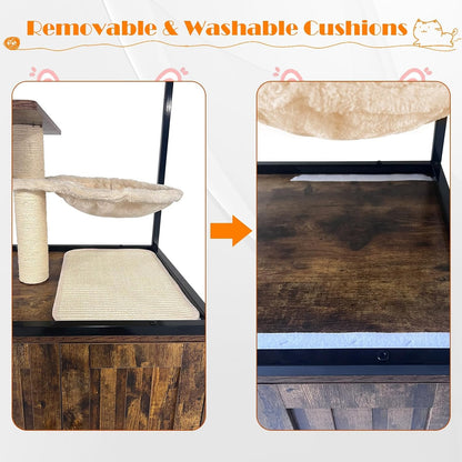 Cat Tower with Litter Box Enclosure, Wooden Hidden Litter Box Cat Tree Cabinet on Wheels with Condo, Hammock and Scratching Post, Dog Proof Cats Washroom Furniture