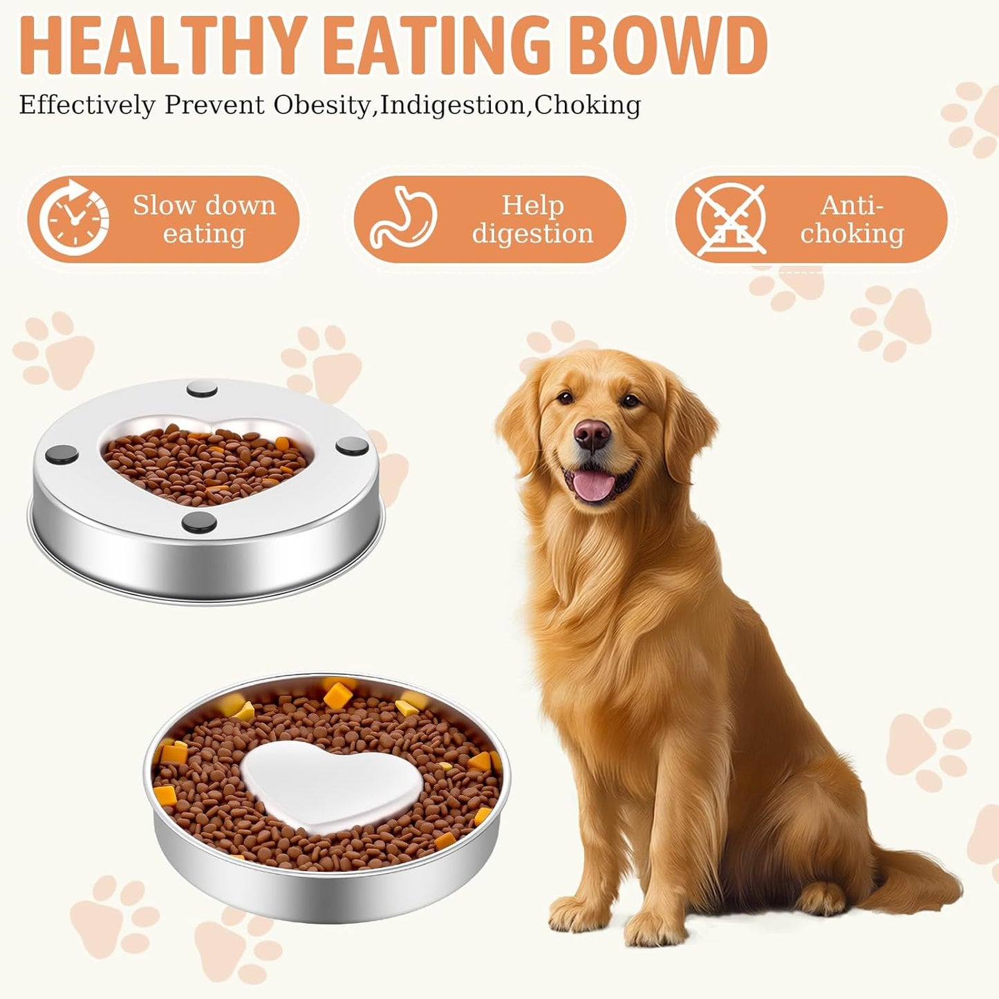 tchrules 2 Pack Slow Feeder Dog Bowls Stainless Steel, 2 Cups Metal Slow Eating Dog Bowl with Non-Slip Pads, Heart Pet Food Bowls for Small Medium Breed Dogs to Slow Down Eating Anti-Gulping