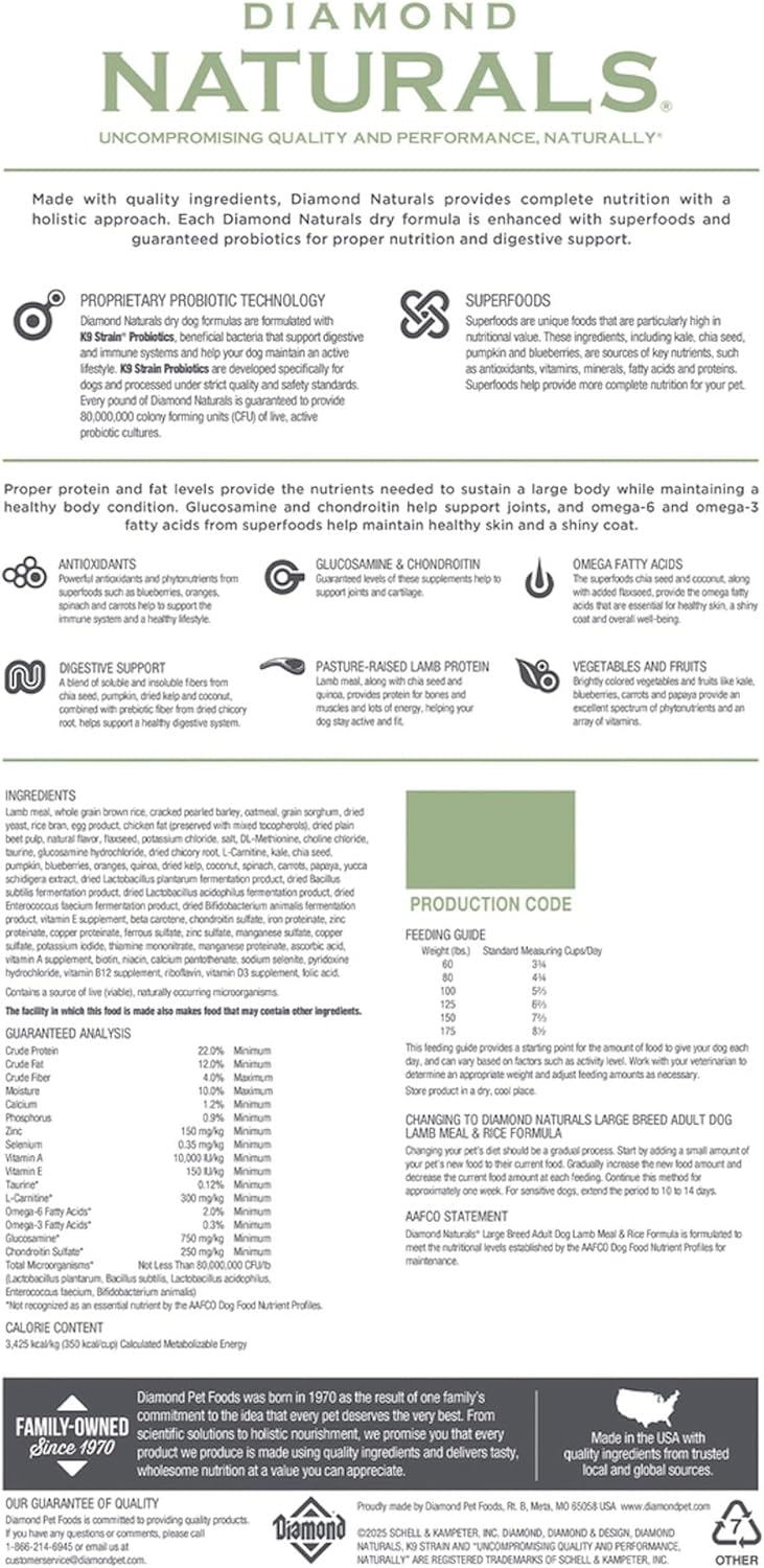 Diamond Naturals Large Breed Adult Dry Dog Food Lamb Meal and Rice Formula with Protein from Real Lamb, Probiotics and Essential Nutrients to Support Balanced and Overall Health in Adult Dogs 40lb