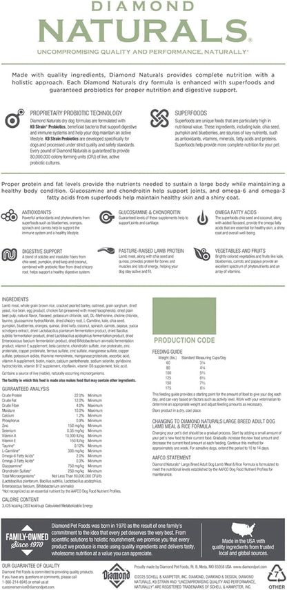 Diamond Naturals Large Breed Adult Dry Dog Food Lamb Meal and Rice Formula with Protein from Real Lamb, Probiotics and Essential Nutrients to Support Balanced and Overall Health in Adult Dogs 40lb