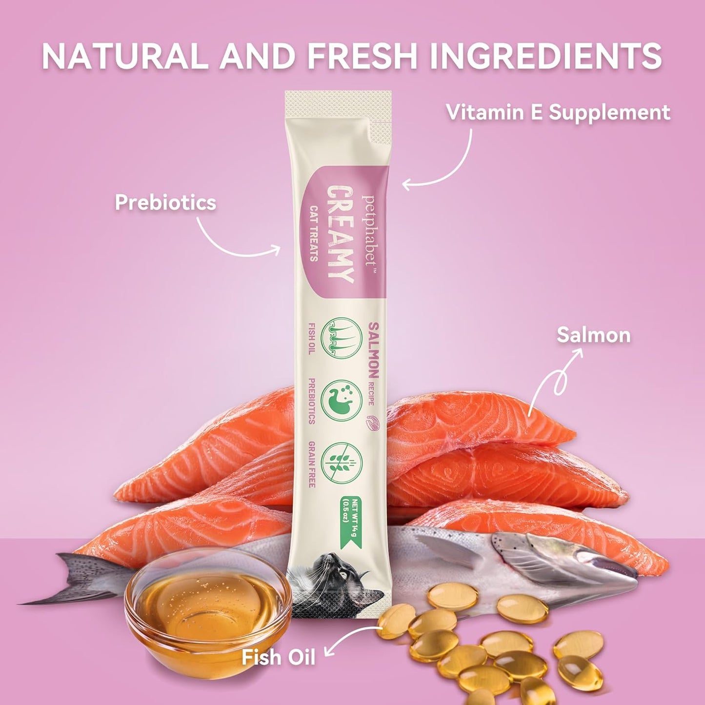 PETPHABET Lickable Cat Treats Squeeze, Creamy Puree Squeezable Wet Kitten Treats, Salmon Recipe 20 Tubes, Paste Snacks for Skin & Coat Health, Digestive Care, High Protein, Grain Free