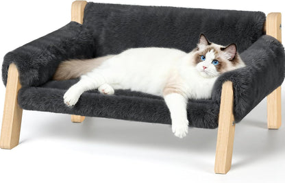 Elevated Cat Couch Bed for Indoor Cats - Wooden Pet Sofa with Removable Washable Thick Cover Raised Kitty Lounge Chair Suitable for Puppy or Small Animals(Cat Sofa Dark-Grey)