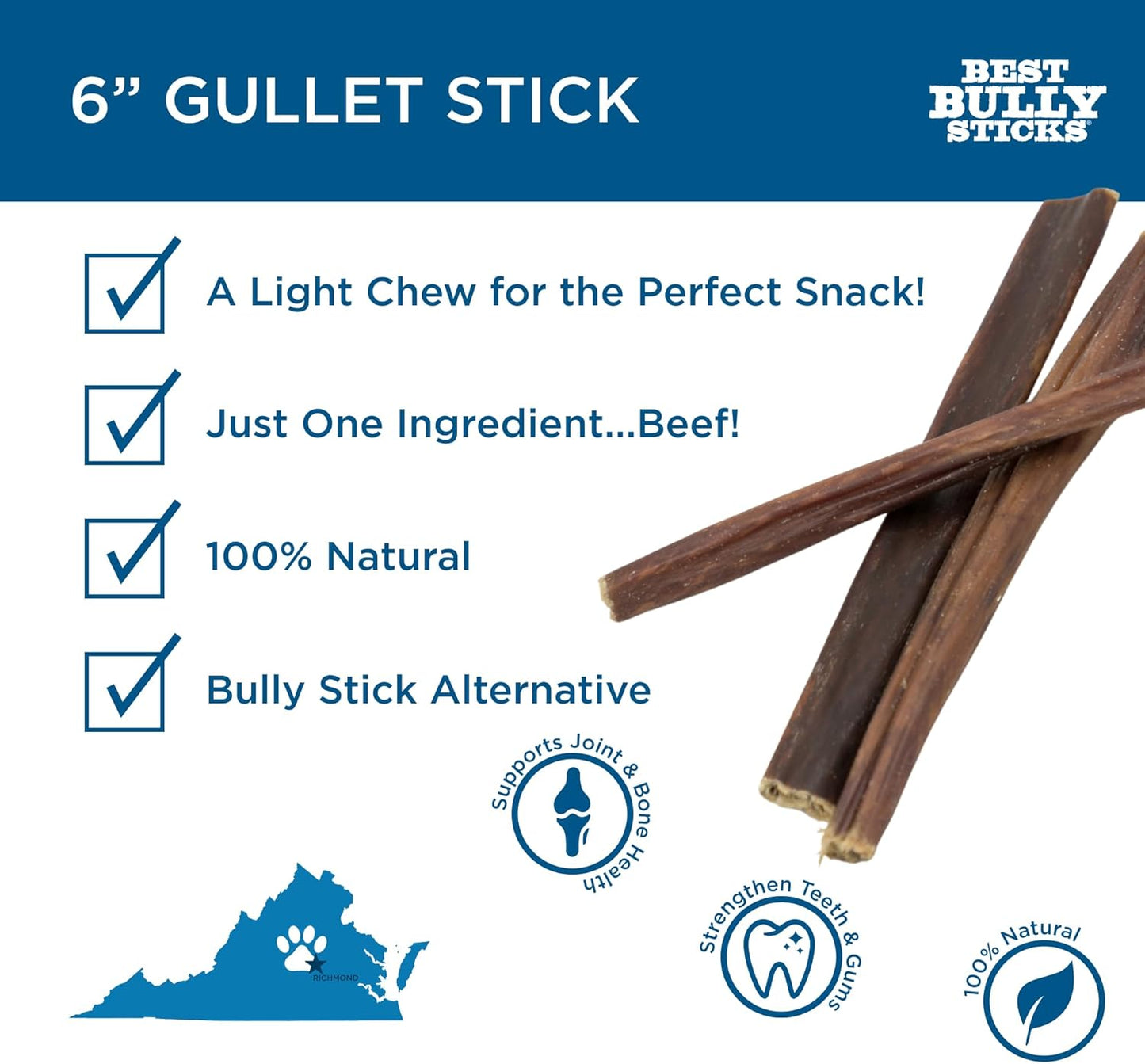 Best Bully Sticks 6 Inch Gullet Sticks - 25 Count (Pack of 1) - Natural, Thin, Hollow Esophagus Snack, Rawhide Alternative