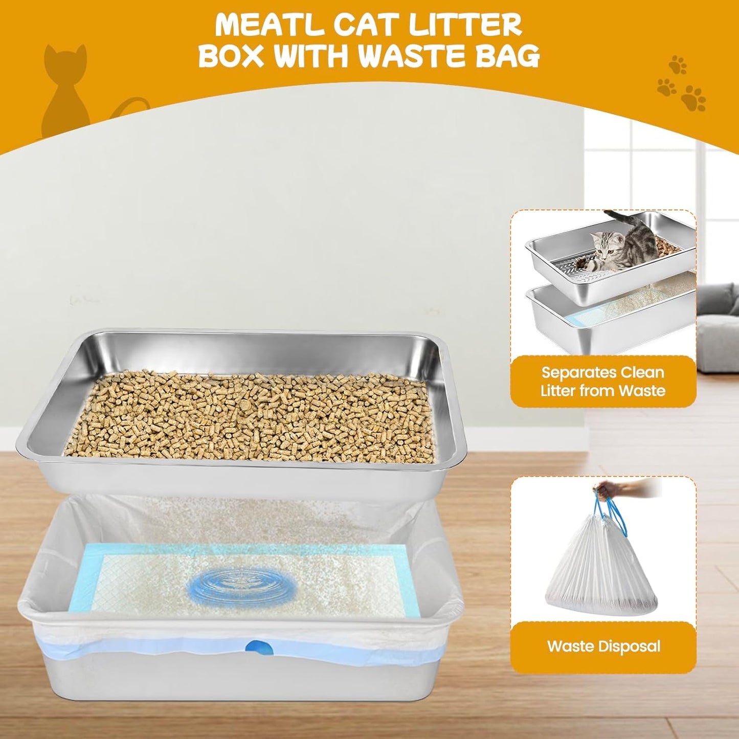 23.6''x15.7''x6'' Stainless Steel Sifting Litter Box, XL Large Metal Sifting Cat Litter Box for Pine Pellets, Litter Pan Tray System for Indoor Cats with Scoop and Pee Pad, Easy to Clean(6 Inch)