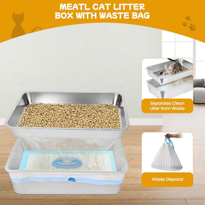 23.6''x15.7''x6'' Stainless Steel Sifting Litter Box, XL Large Metal Sifting Cat Litter Box for Pine Pellets, Litter Pan Tray System for Indoor Cats with Scoop and Pee Pad, Easy to Clean(6 Inch)