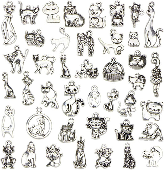 Assorted Cats Pet Charm Pendant for DIY Jewelry Making Accessaries(42pcs,Antique Silver)