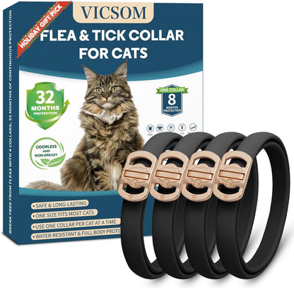 Flea and Tick Collar for Cats - 4 Pack, 32 Month Protection Treatment, Waterproof, Natural Prevention, Adjustable for Cats & Kittens (Black)