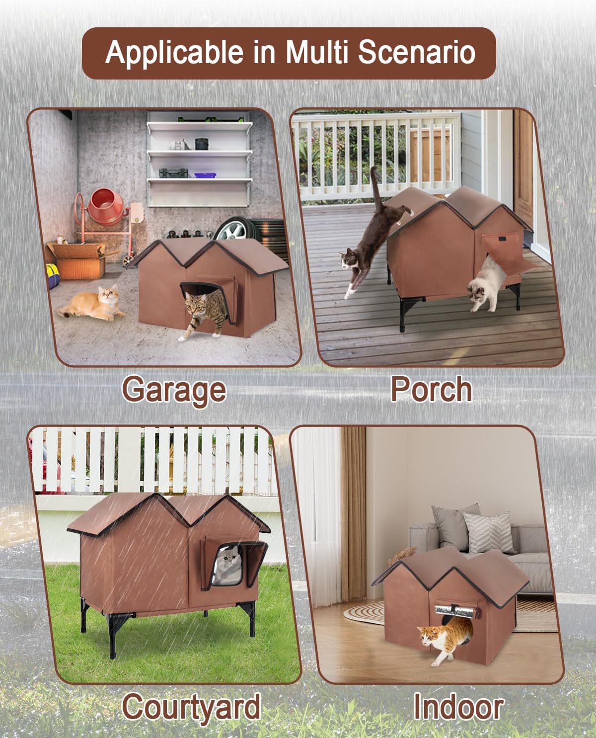 Outdoor Cat House Weatherproof, Large Waterproof Insulated Elevated Outdoor Cat Shelter with Escape Doors, Outside Cat House for Multiple Cats and Small Dogs, Available in All Seasons, Brown