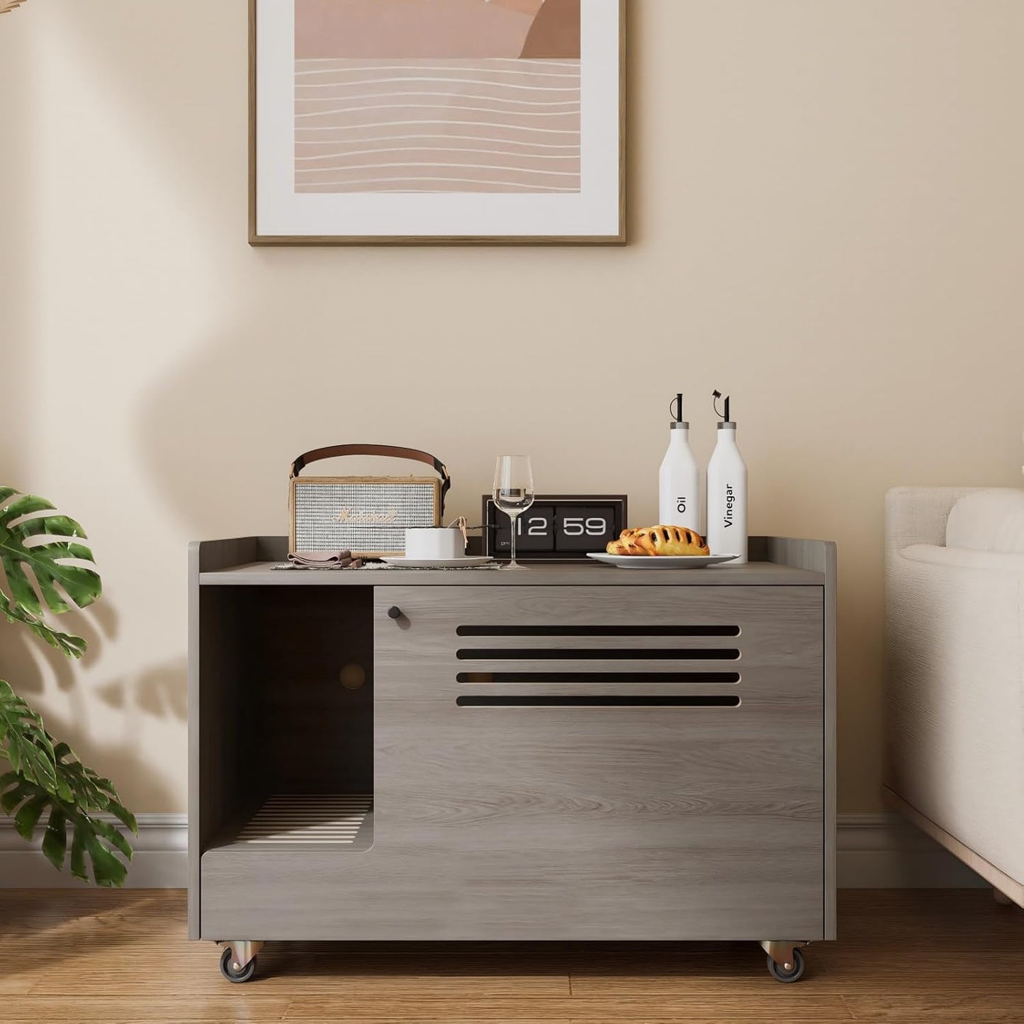 Gray Cat Litter Box Enclosure Furniture - Hidden Litter Box Cabinet with Wheels & Storage,Modern Wooden Pet House Side Table with Ventilation Grille for Living Room Bedroom,Grey