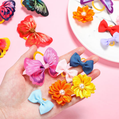 Janinka 36 Pieces Dog Hair Bows with Rubber Bands Butterfly Small Dog Knotted Bows Flower Pearls Elastic Hair Ties Bands for Pets Puppy Cats Grooming Accessories (Fresh Color)